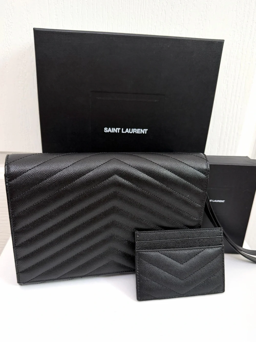 Saint Laurent Black Chevron Quilted Leather Clutch with matching Card Holder